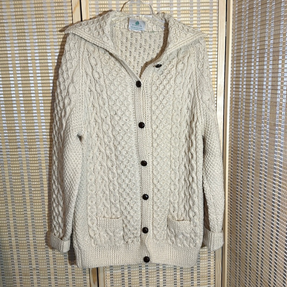 Vintage Blarney Woollen Mills Long Irish Cable Knit Cardigan Sweater Beige Large